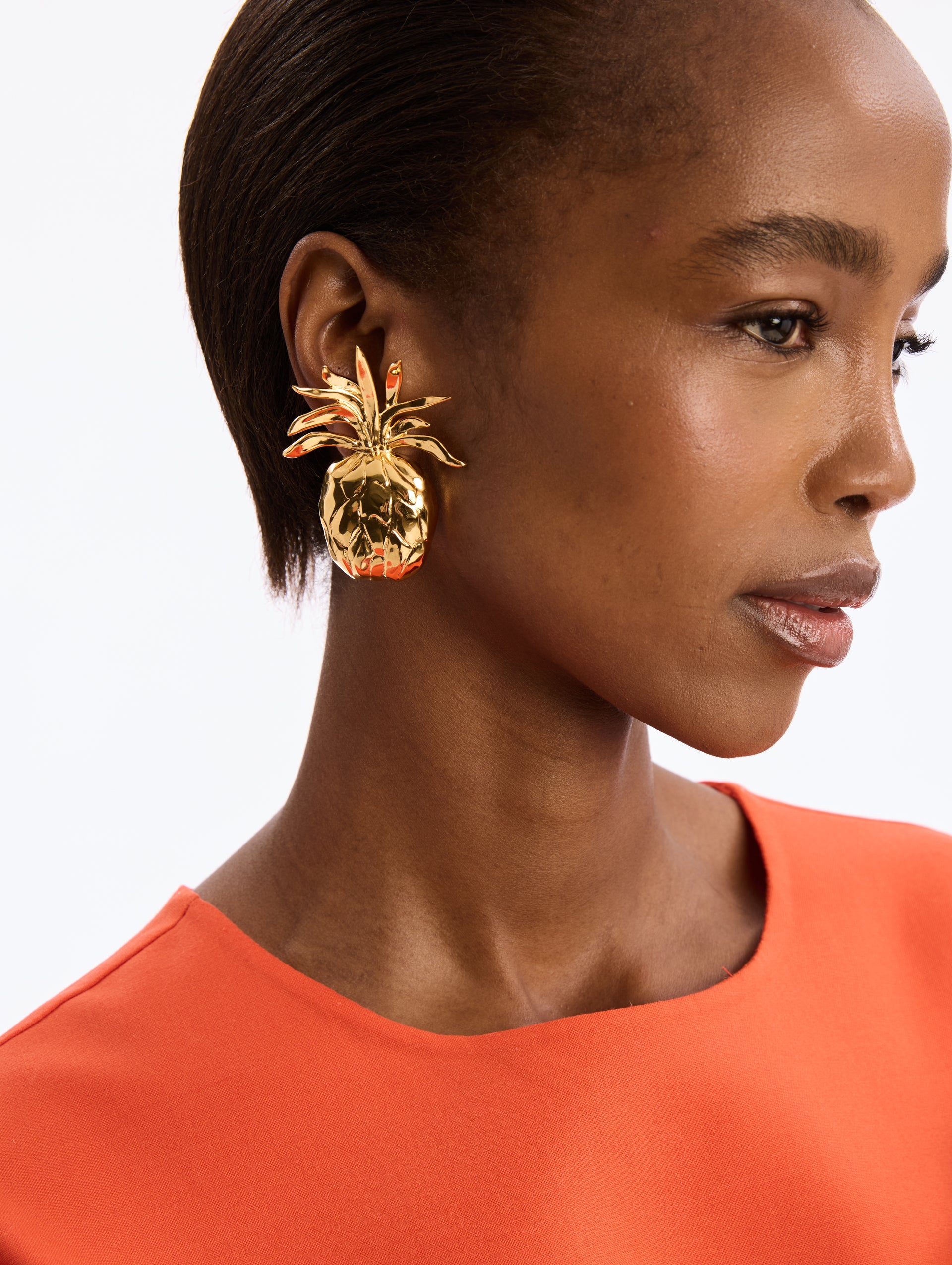 Small Gold Pineapple Clip-On Earrings. Front View.