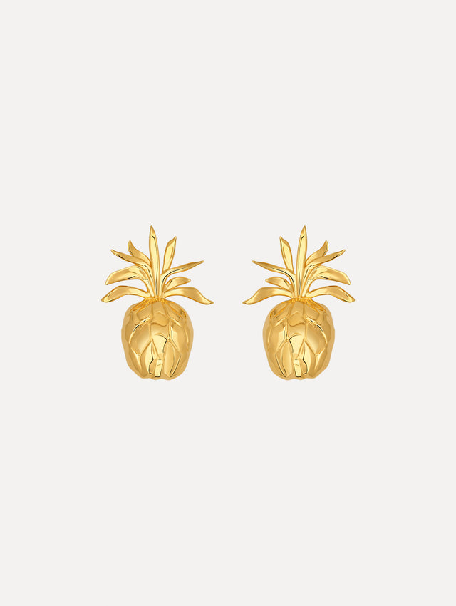 Large Gold Pineapple Cutout Clip-On Earrings. Front View.