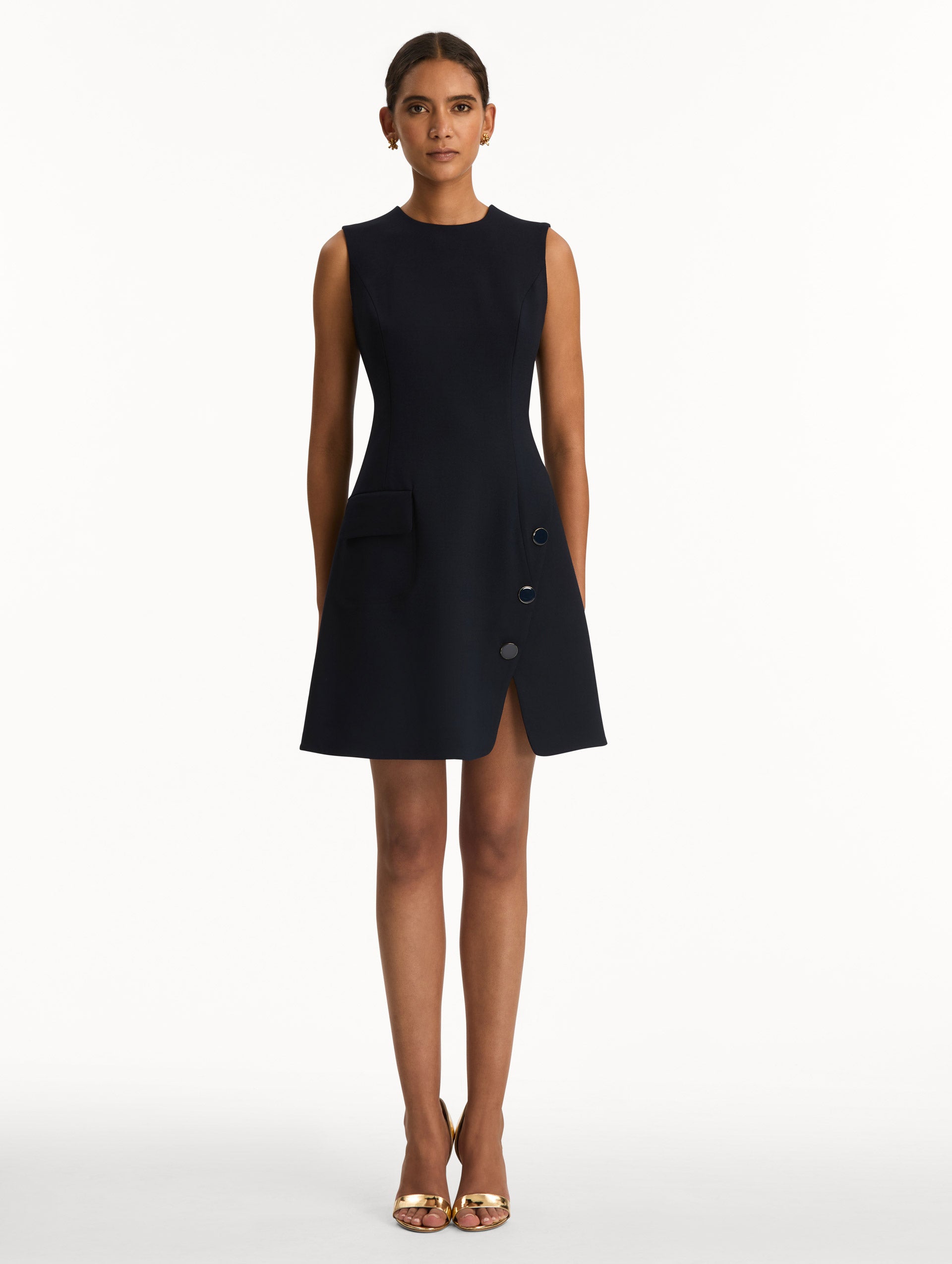Button-Detailed Wool-Blend Dress in Navy. Front view.