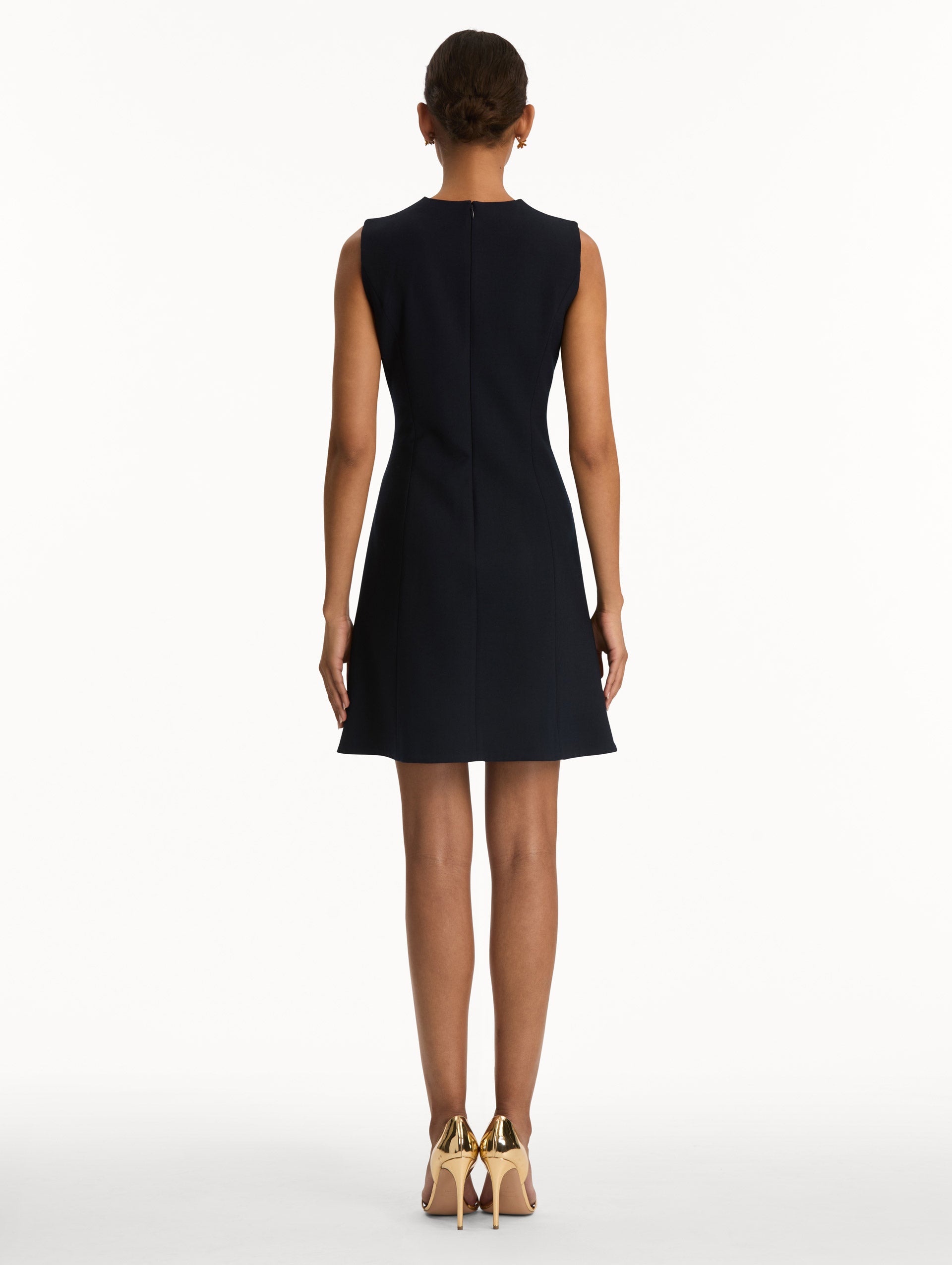 Button-Detailed Wool-Blend Dress in Navy. Back view.