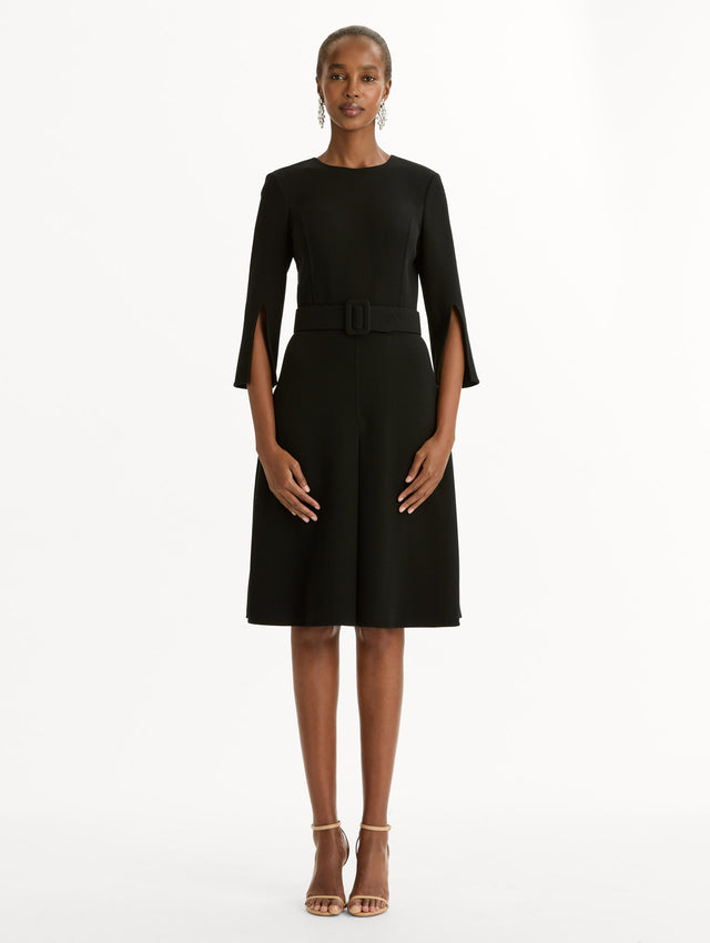 Split-Sleeve Wool-Blend Dress in Black. Front View.