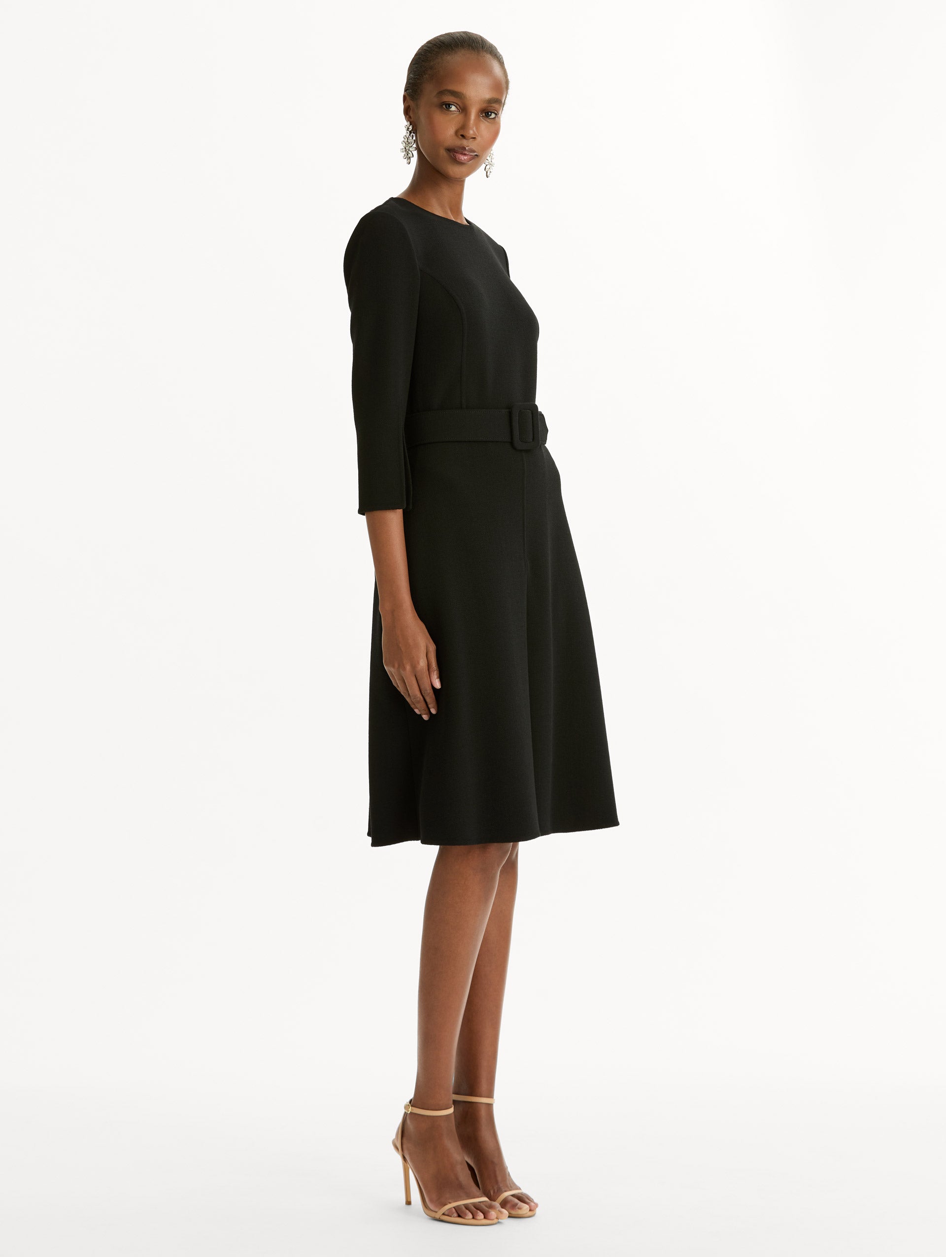 Split-Sleeve Wool-Blend Dress in Black. Side View.