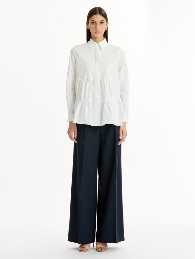 Tiered Cotton Poplin Blouse in White. Front View.