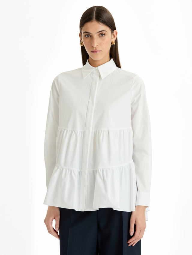 Tiered Cotton Poplin Blouse in White. Front View.