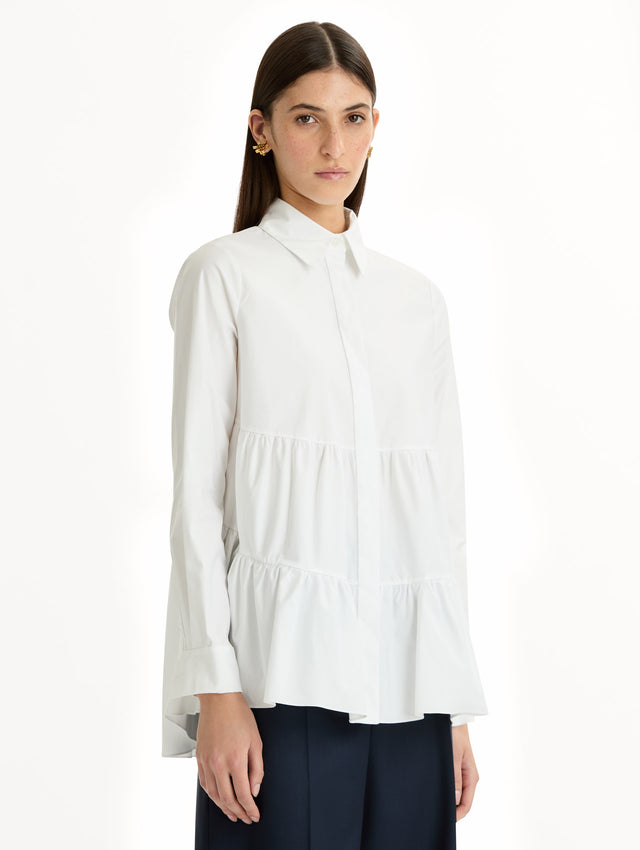 Tiered Cotton Poplin Blouse in White. Side View.