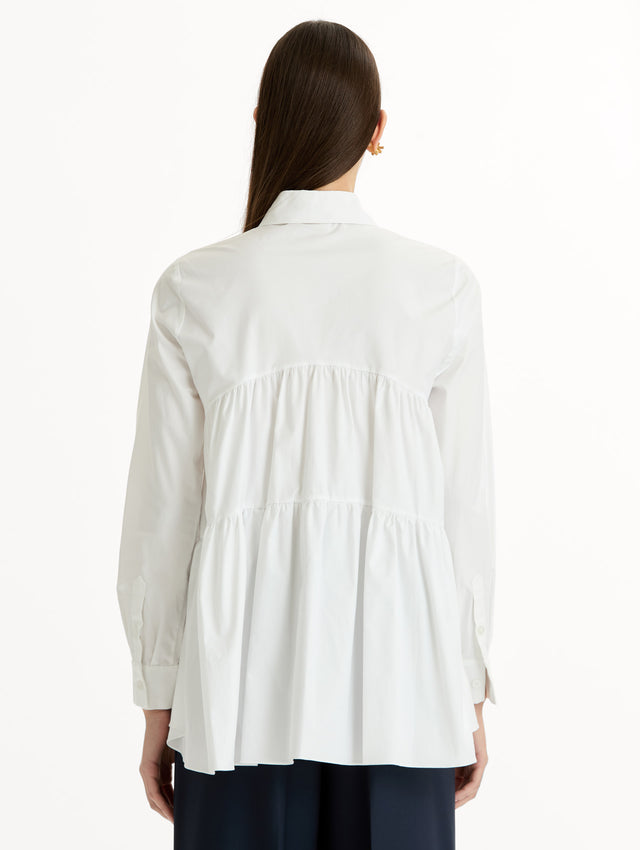 Tiered Cotton Poplin Blouse in White. Back View.