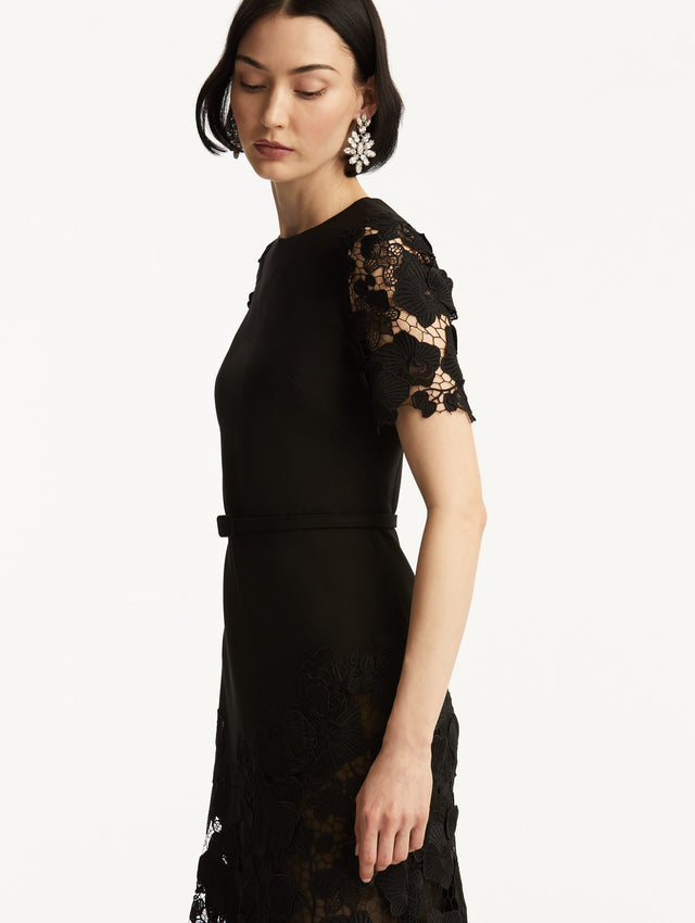 Black Orchid Guipure Lace Inset Short Sleeve Dress with Transparencies in Sleeves and Bottom, and Black Belt.  Side View