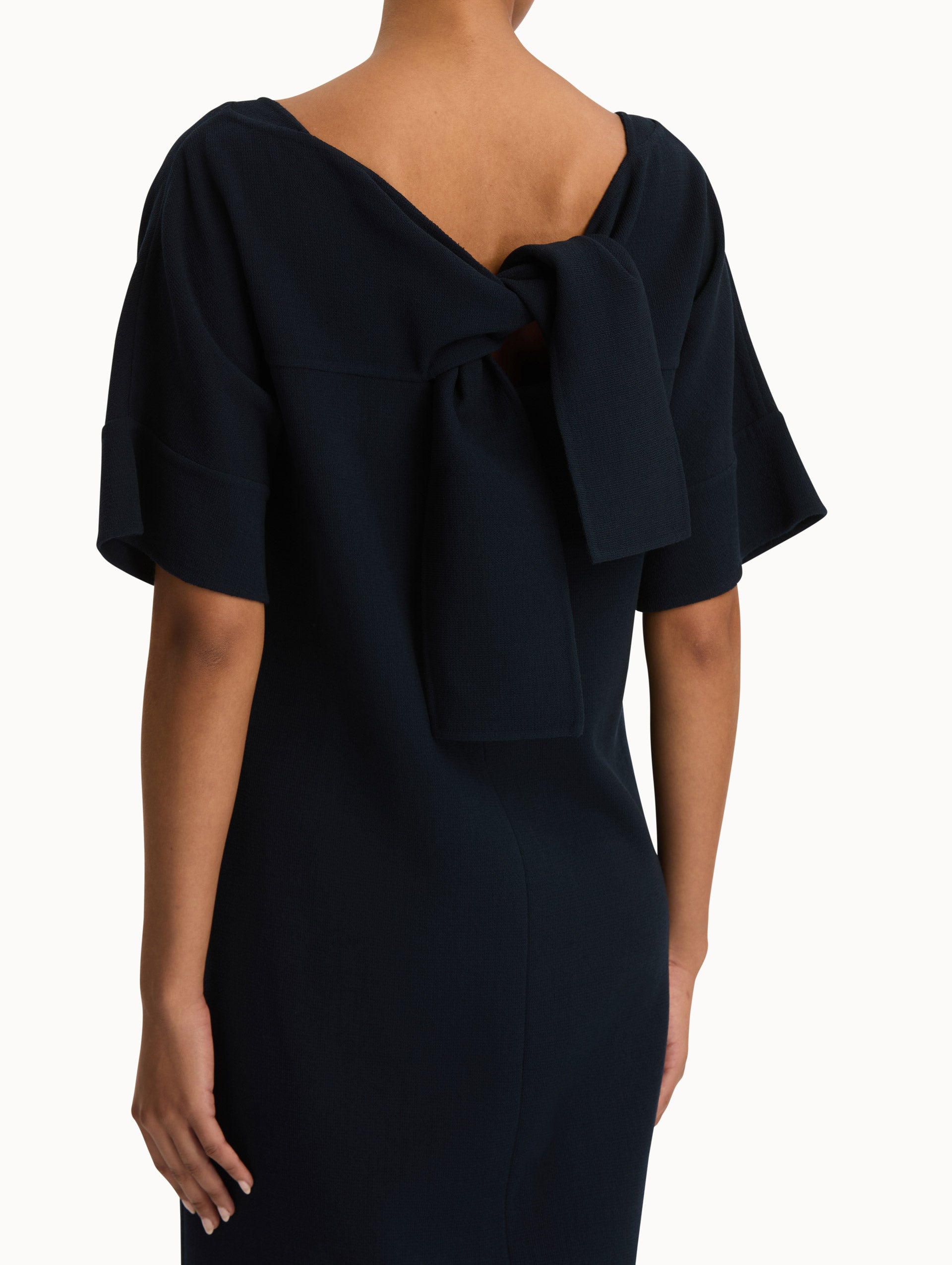 Tie-Detailed Wool-Blend Shift Dress in Navy. Zoom view.
