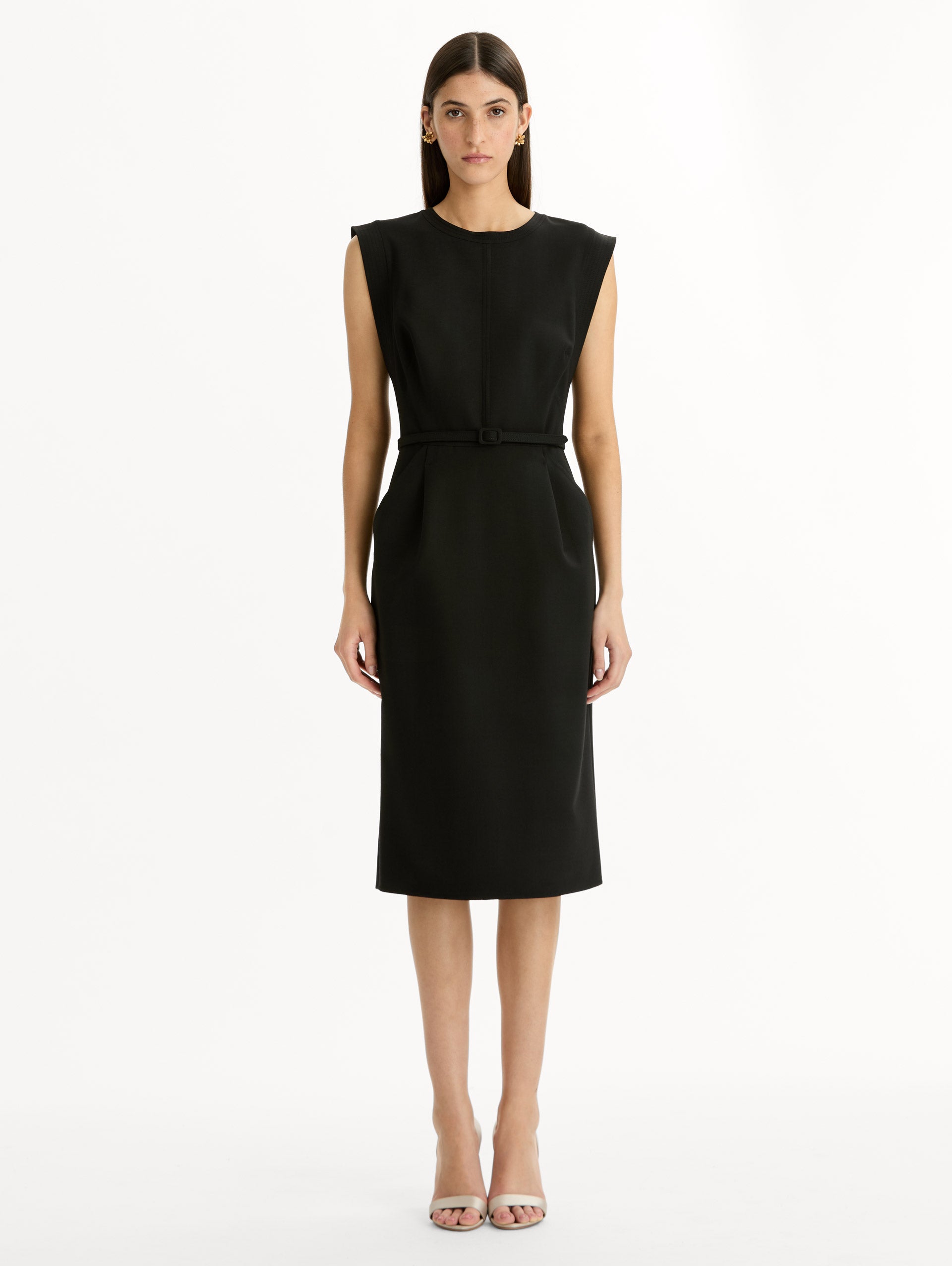 Stitch-Detailed Wool-Blend Pencil Dress in Black. Front View.