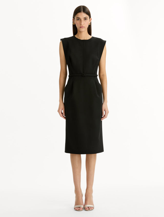 Stitch-Detailed Wool-Blend Pencil Dress in Black. Front View.