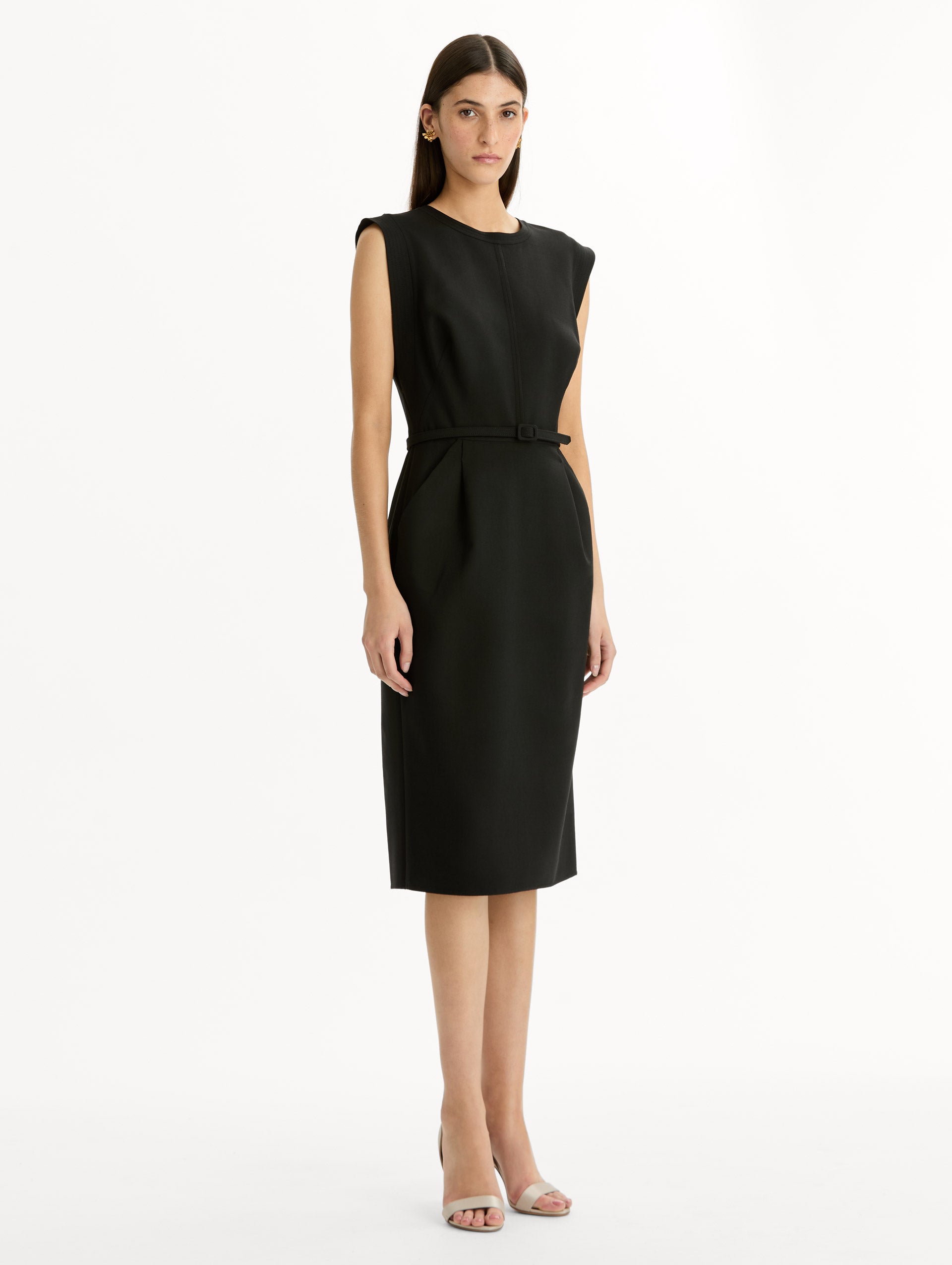 Stitch-Detailed Wool-Blend Pencil Dress in Black. Side View.