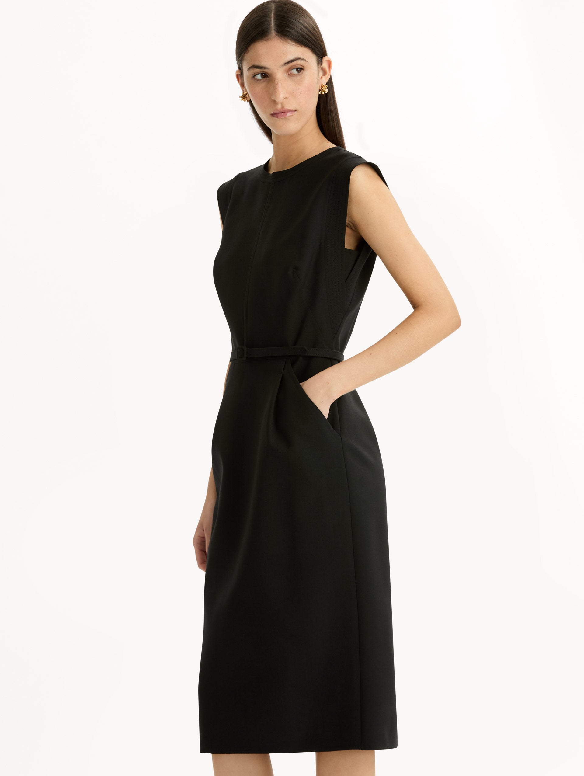 Stitch-Detailed Wool-Blend Pencil Dress in Black. Zoom View.