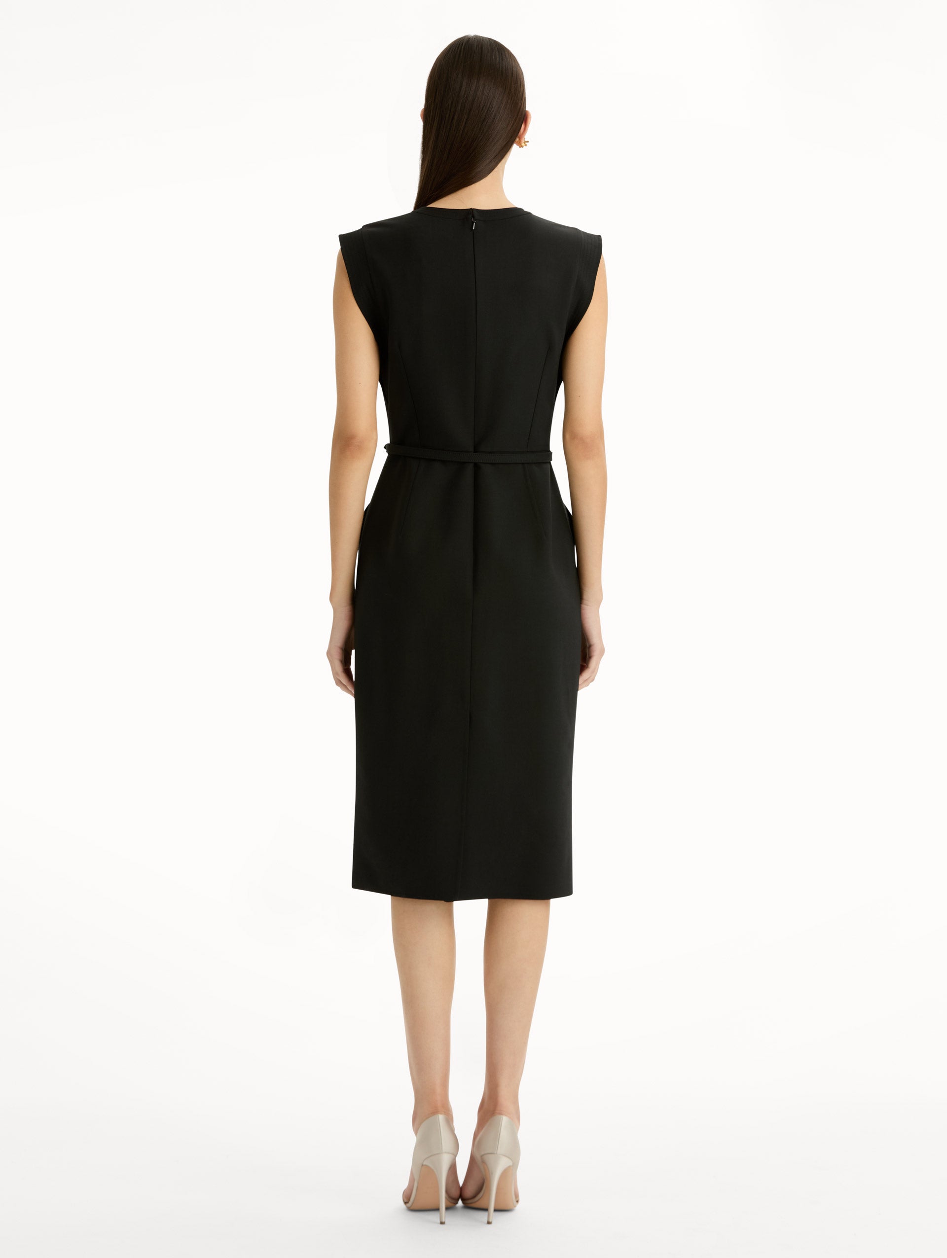 Stitch-Detailed Wool-Blend Pencil Dress in Black. Back View.