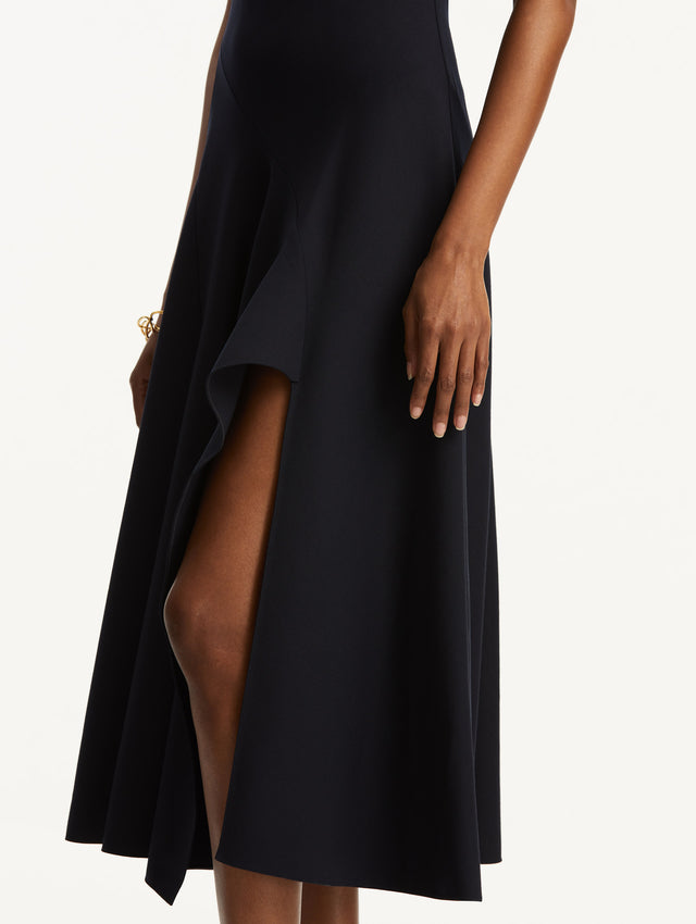Navy Wave Slit Detail Midi Dress Zoom View