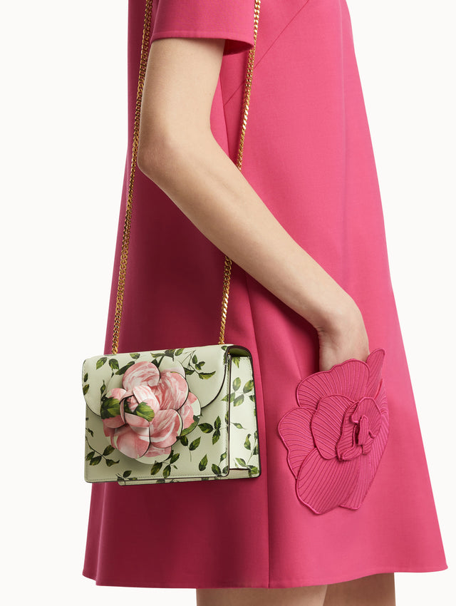 Mint English Rose Printed Mini TRO Bag with Pink Rose in the Center and Detachable Shoulder Strap Front View