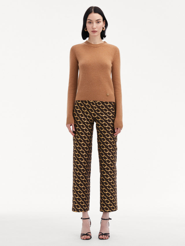 Camel O Flower Cashmere Pullover Paired with Oscar Chain-Link Pants Front View