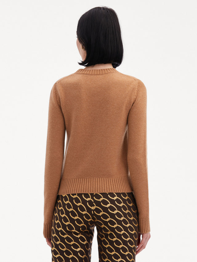 Camel O Flower Cashmere Pullover Paired with Oscar Chain-Link Pants Back View