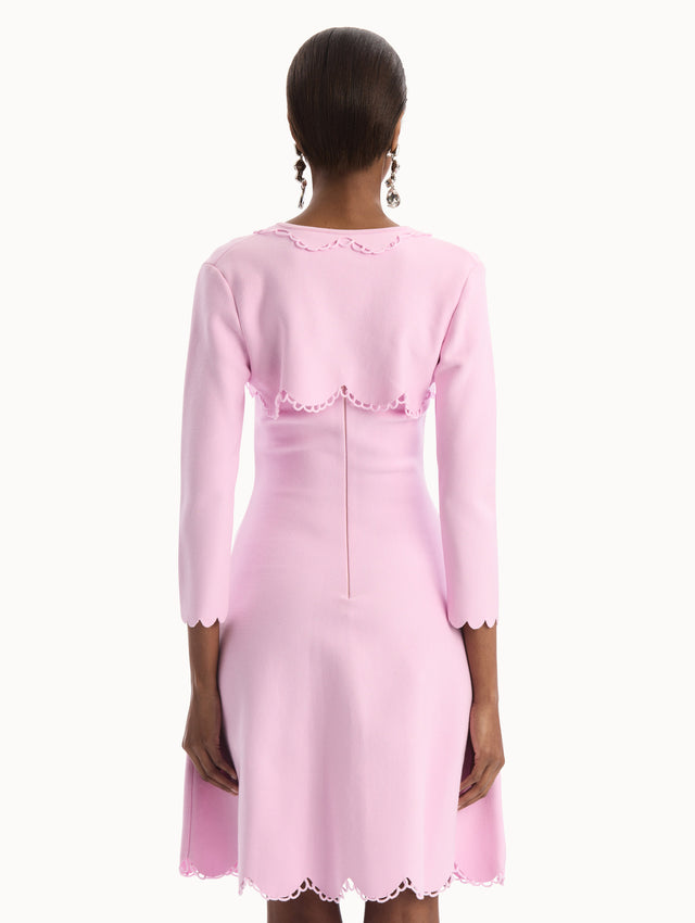 The model is wearing the Scallop Trim Knit Bolero with tie at front in the color pink. Back View.