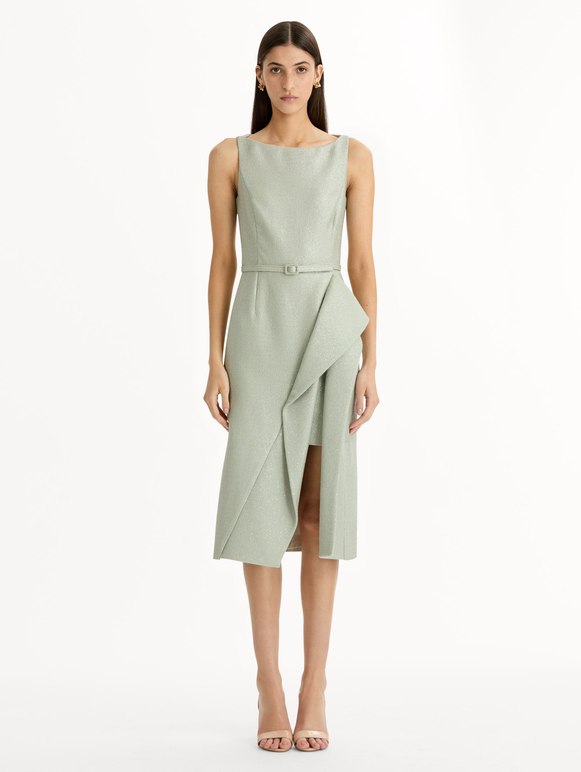 Grey tweed pencil dress with matching belt and asymmetric draped hem. Front View.