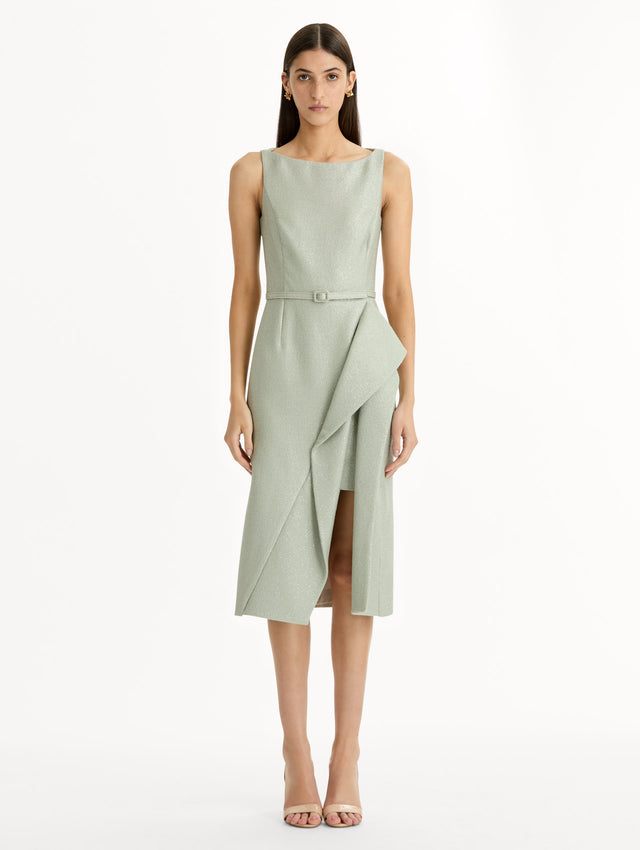 Grey tweed pencil dress with matching belt and asymmetric draped hem. Front View.