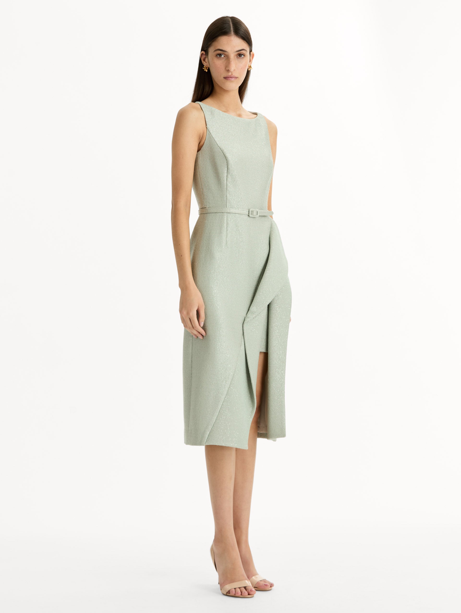 Grey tweed pencil dress with matching belt and asymmetric draped hem. Side View.