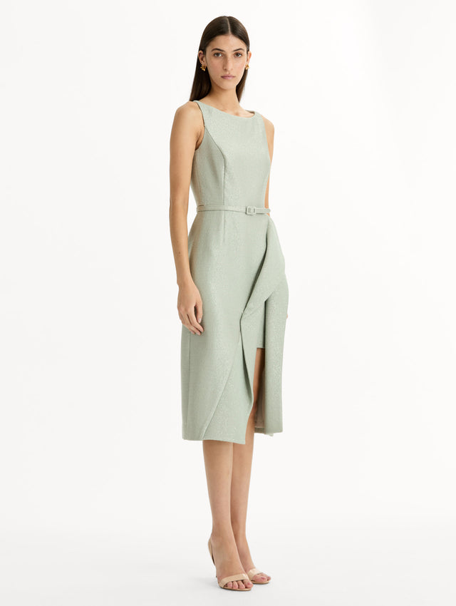 Grey tweed pencil dress with matching belt and asymmetric draped hem. Side View.