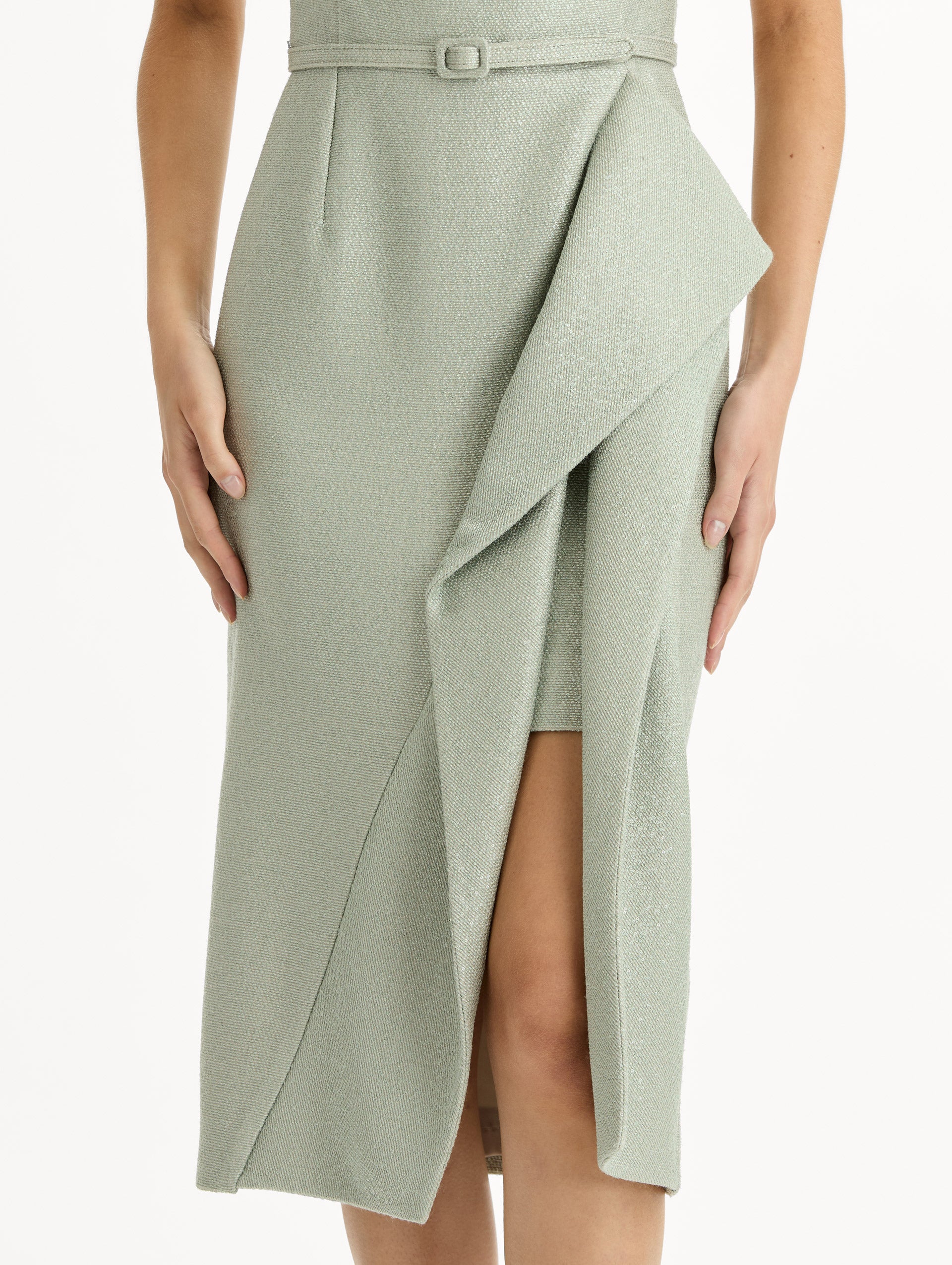 Grey tweed pencil dress with matching belt and asymmetric draped hem. Zoom View.