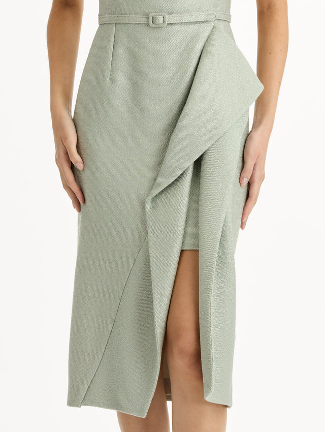 Grey tweed pencil dress with matching belt and asymmetric draped hem. Zoom View.