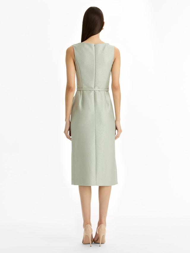 Grey tweed pencil dress with matching belt and asymmetric draped hem. Back View.