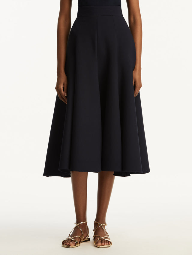 Navy Flared Stretch Wool Skirt Front View