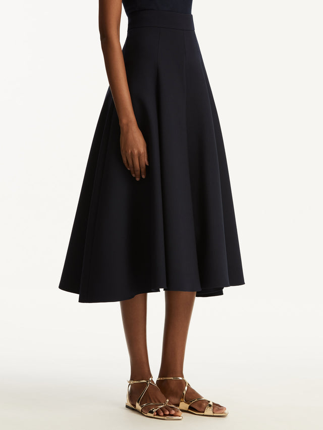 Navy Flared Stretch Wool Skirt Side View