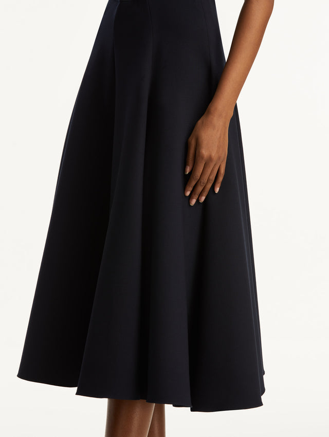 Navy Flared Stretch Wool Skirt Side View