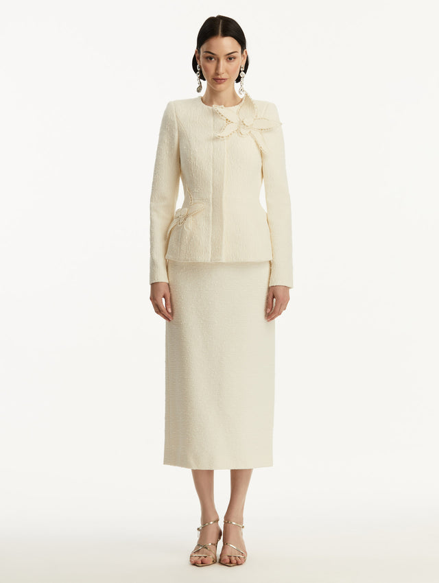 Ivory Orchid Embroidered Tweed Jacket Styled with Ivory Tweed Skirt Front View