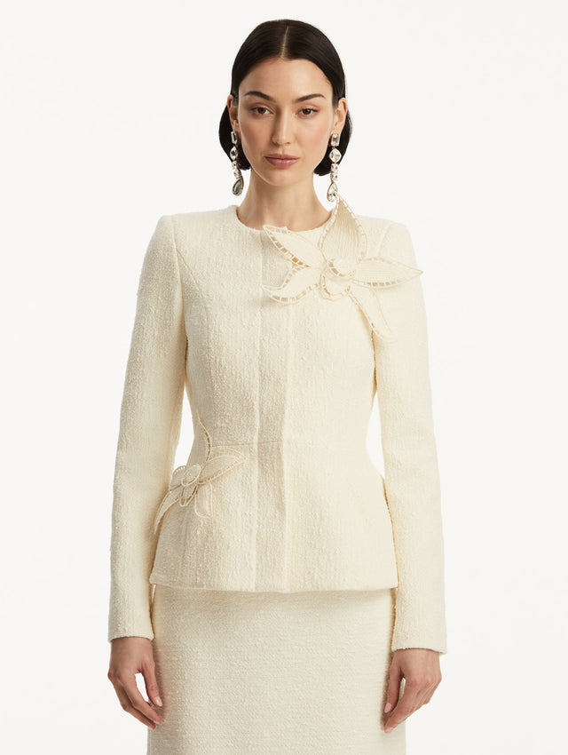 Ivory Orchid Embroidered Tweed Jacket Front View