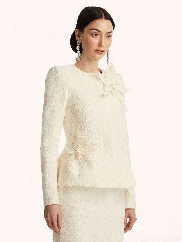 Ivory Orchid Embroidered Tweed Jacket Styled with Ivory Tweed Skirt Side View