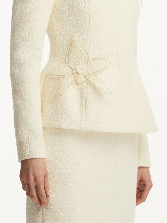 Ivory Orchid Embroidered Tweed Jacket Styled with Ivory Tweed Skirt Zoom View