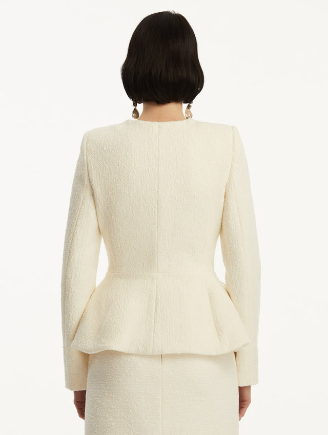 Ivory Orchid Embroidered Tweed Jacket Styled with Ivory Tweed Skirt Back View