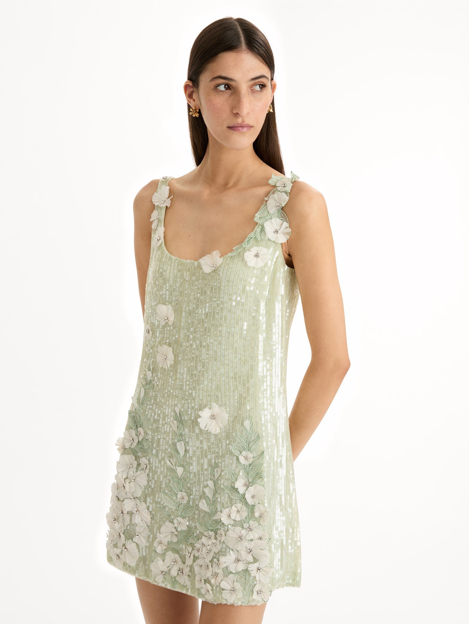 Sage Foxglove Embroidered Sequin Tulle Shift Dress with scoop neckline and floral applique. Zoom View.
