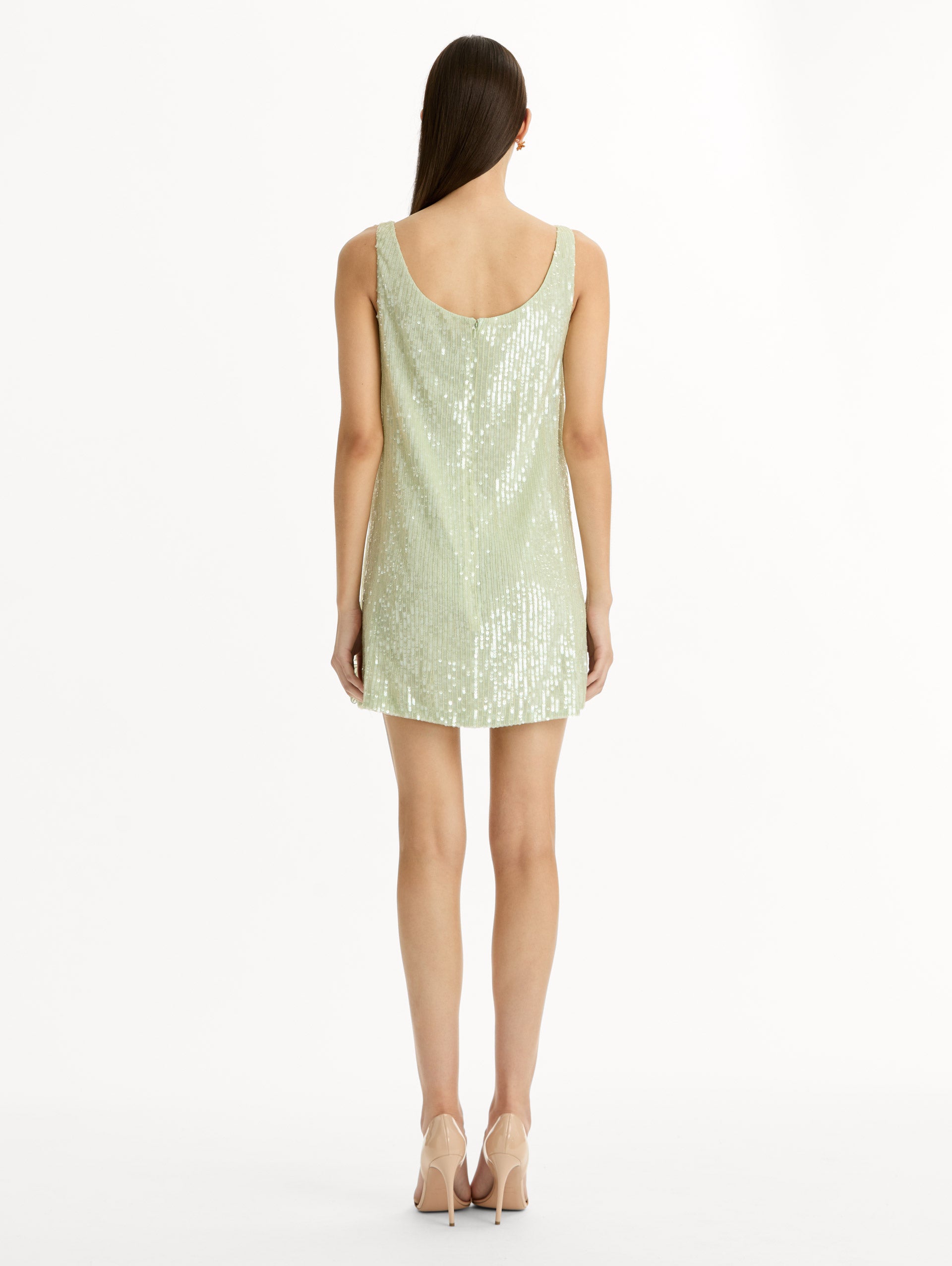 Sage Foxglove Embroidered Sequin Tulle Shift Dress with scoop neckline and floral applique. Back View.