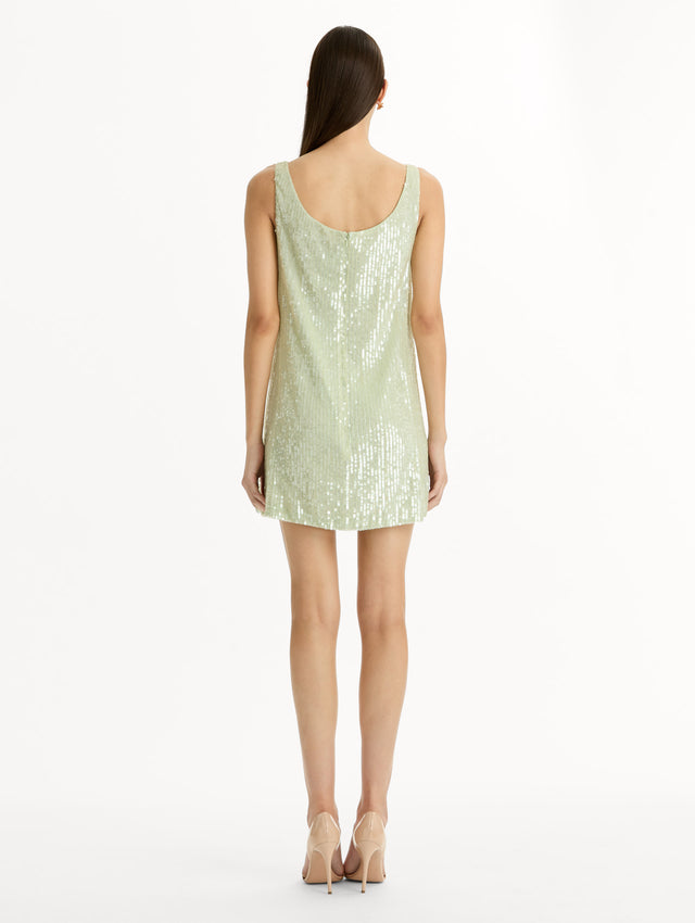 Sage Foxglove Embroidered Sequin Tulle Shift Dress with scoop neckline and floral applique. Back View.