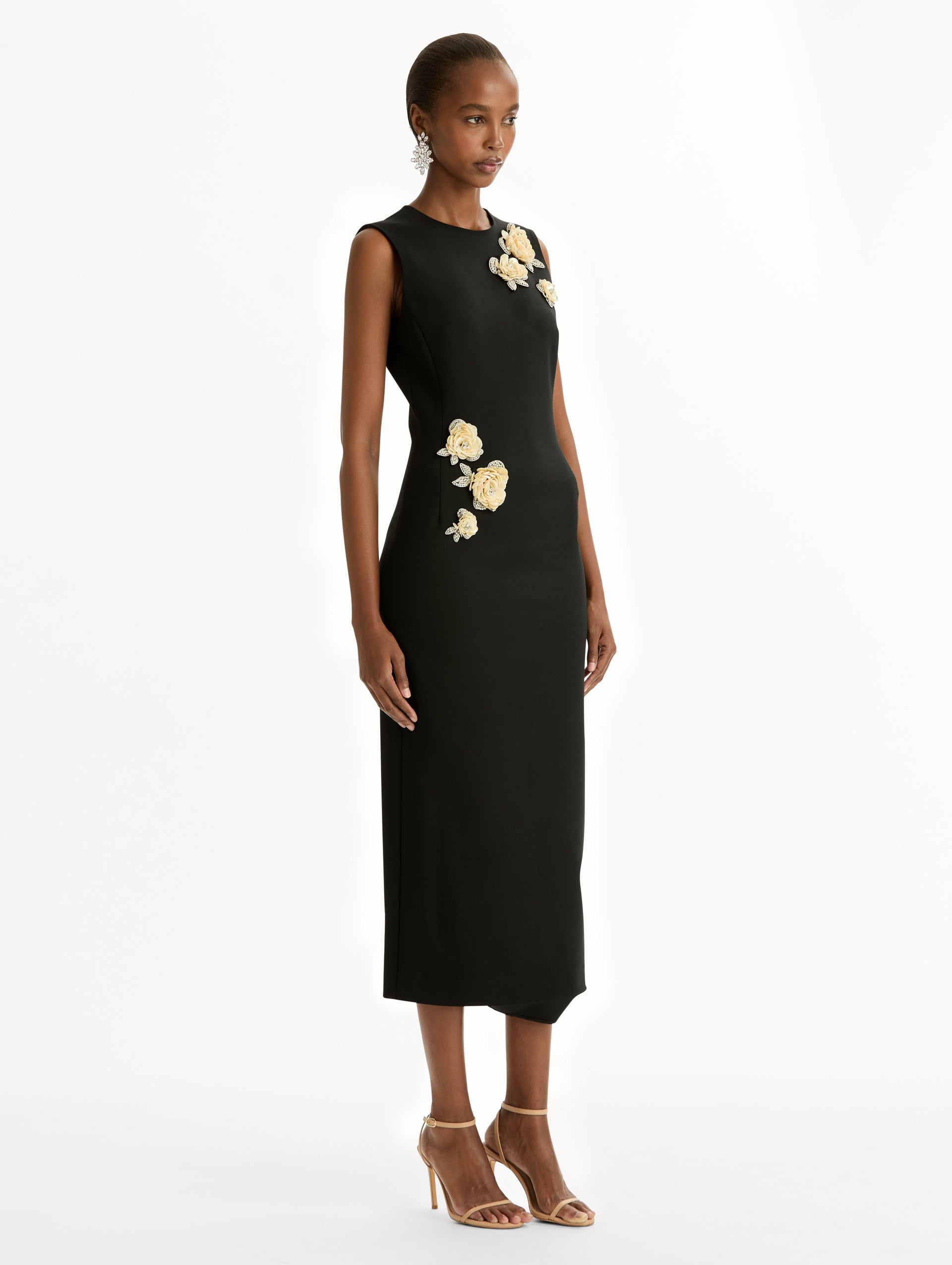 Brooch Embroidered Cocktail Sleeveless Dress in Black. Side View. 