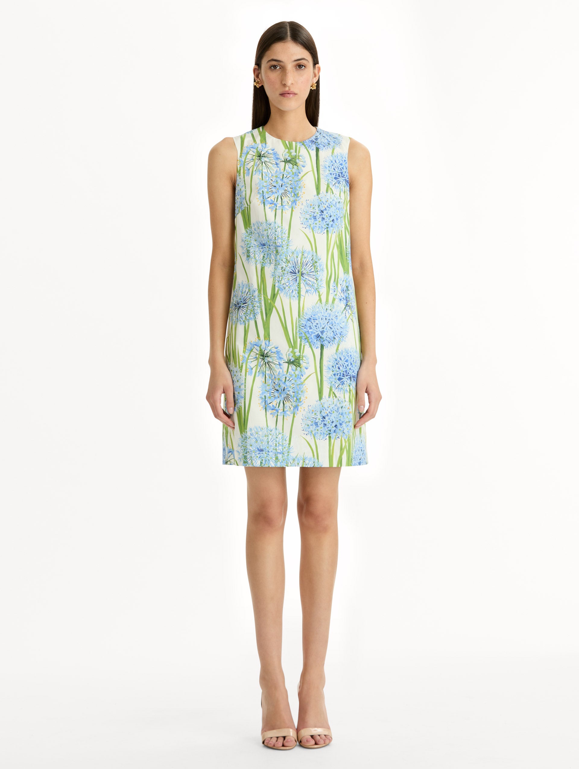 Ivory Allium Cotton Poplin Sleeveless Shift Dress with blue and green floral allium print. Front View.