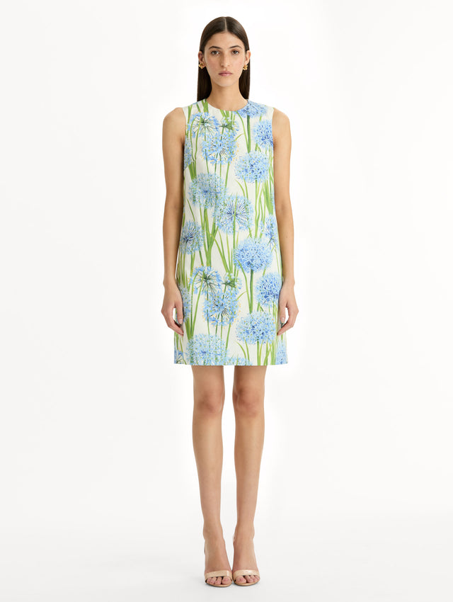 Ivory Allium Cotton Poplin Sleeveless Shift Dress with blue and green floral allium print. Front View.