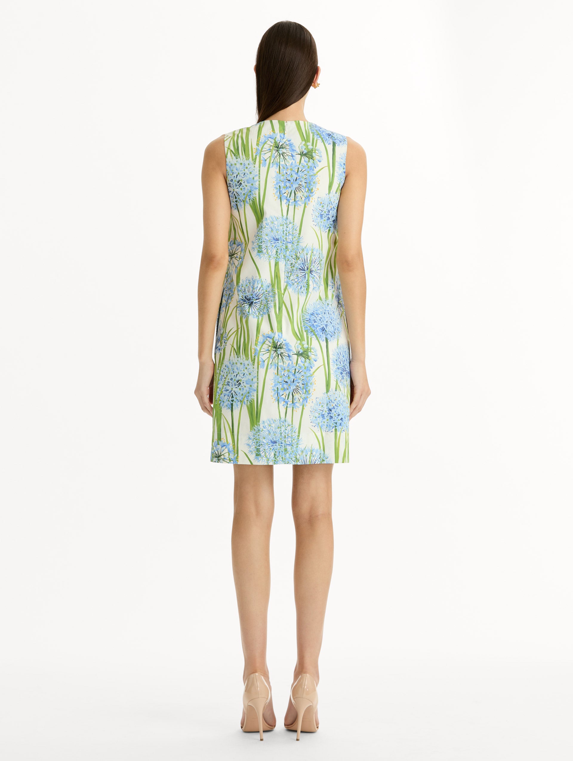 Ivory Allium Cotton Poplin Sleeveless Shift Dress with blue and green floral allium print. Back View.