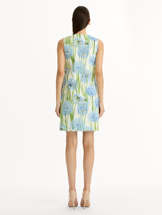 Ivory Allium Cotton Poplin Sleeveless Shift Dress with blue and green floral allium print. Back View.