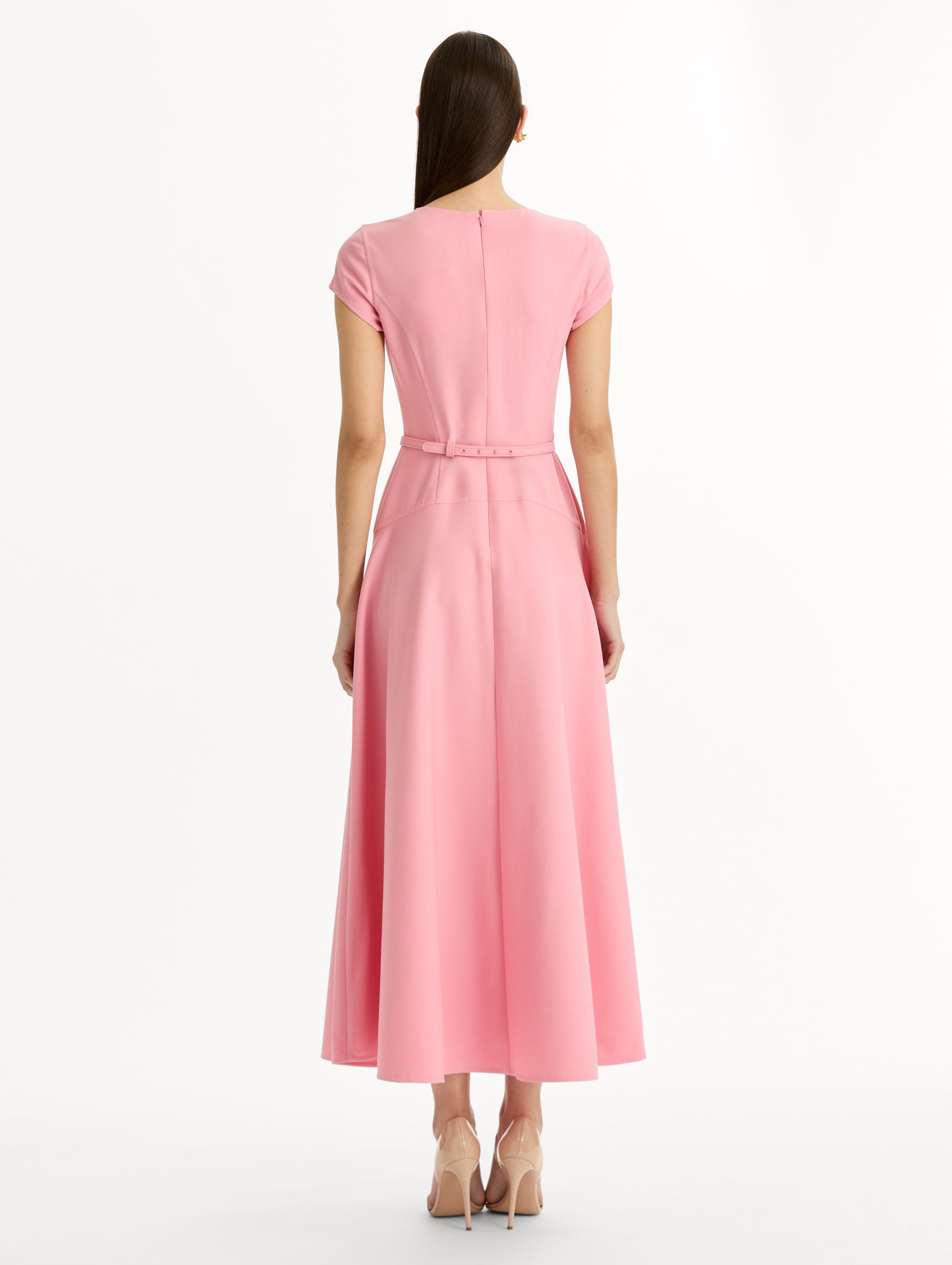 Pink Floral Belt Short Sleeve Dress with short sleeves and a belted waist featuring a white floral accent. Back View.