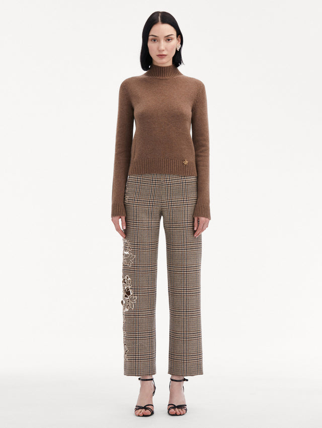 Brown O Flower Mock Neck Cashmere Pullover Paired with Plaid Pants Front View