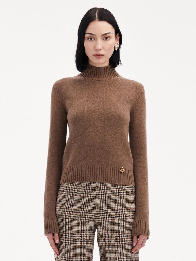 Brown O Flower Mock Neck Cashmere Pullover Paired with Plaid Pants Front View