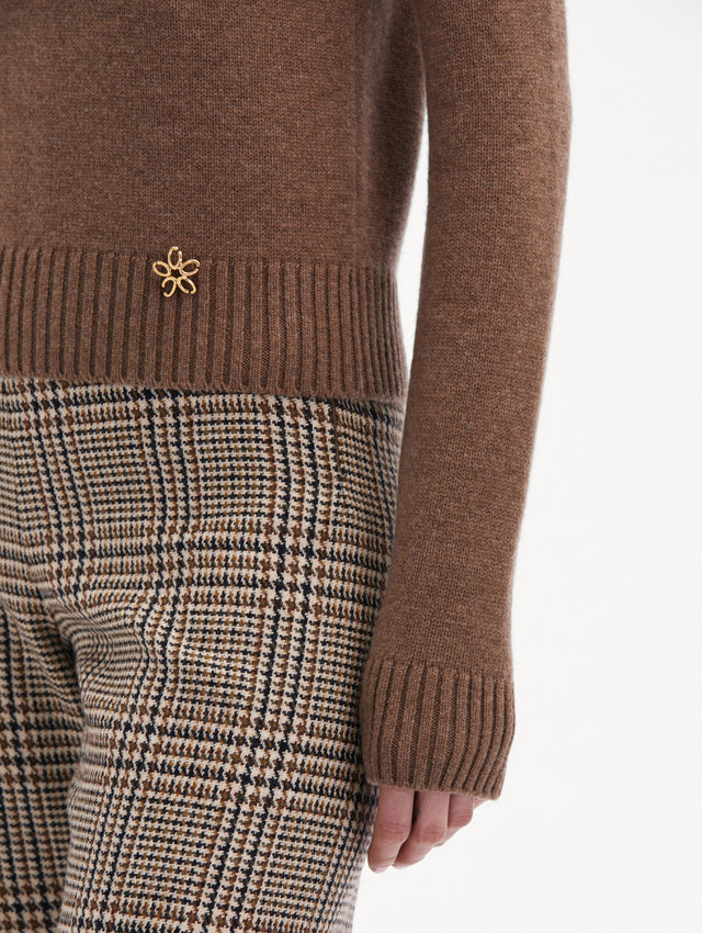 Brown O Flower Mock Neck Cashmere Pullover Paired with Plaid Pants Zoom View