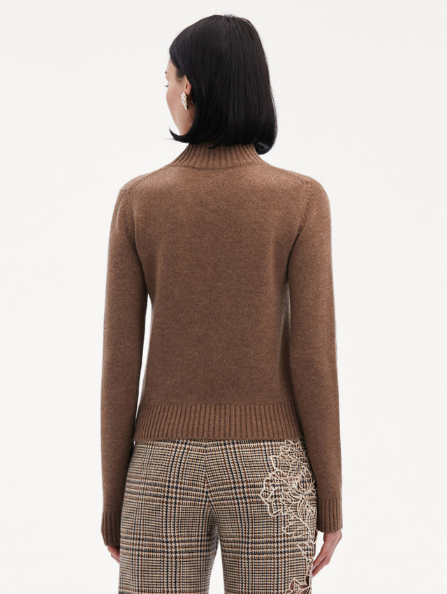 Brown O Flower Mock Neck Cashmere Pullover Paired with Plaid Pants Back View